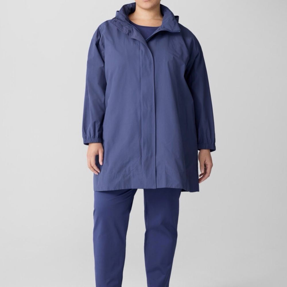 Eileen Fisher light cotton nylon stand collar long coat boxy fit thigh length 1X - Picture 2 of 10